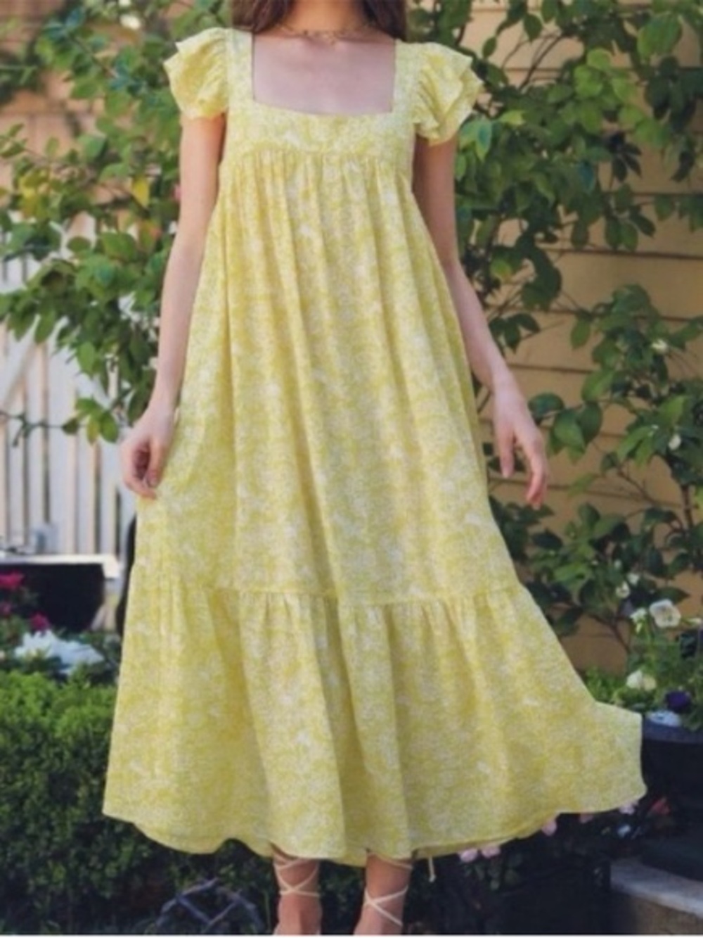 Blu Pepper Yellow Floral Square-Neck Flutter Sleeve Dress Size 2XL
